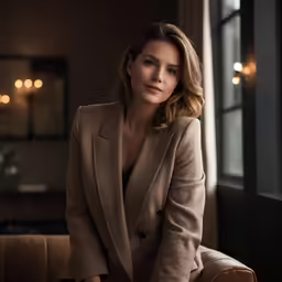 a woman sitting in a chair wearing a blazer