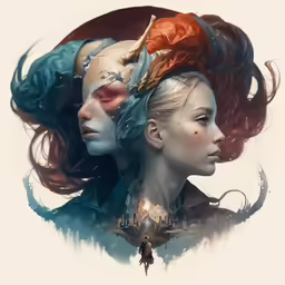 two women with red and blue hair, one wearing a head scarf
