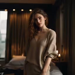 woman standing in front of a bed in a hotel room