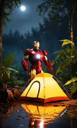 a statue of iron man is on top of a tent in a forest,a toy is standing on top of a tent