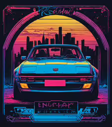 an old style poster showing the back end of a vintage car in a city setting,the back end of a car in front of an arch and a cityscape