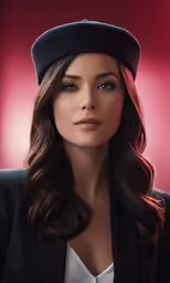 a woman with long dark hair wearing a hat