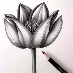 a pencil drawing of a large flower with a small green stem,the black and white drawing shows a single flower,a drawing of a flower in a line with a pencil,a pencil drawing a black and white photo of a flower,a drawing of a gray flower with two leaves