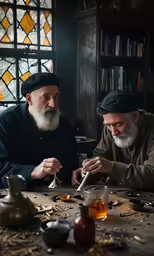 two men sit at a table, eating food