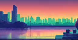 a woman standing on the dock in front of a city,two people sitting on a dock looking out at the water