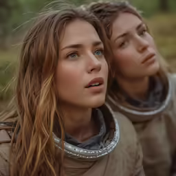 two beautiful women are posing for the camera