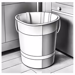 an empty white bucket sitting next to a cupboard