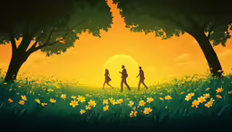 some kids are walking across a field near the sun
