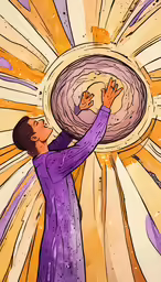 a painting of a woman with her hands reaching up towards the ceiling