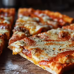 pizza is cut into four pieces on a wooden tray