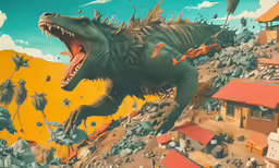 a dinosaurs mouth is open and he is running up the hill