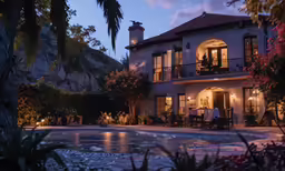 the house with the evening lights on is lit up