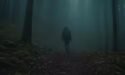 a person in the dark standing in the woods