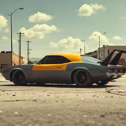 a yellow and gray car with its hood open