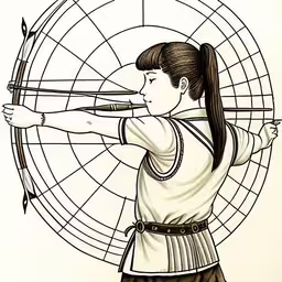 a drawing of a girl using an archery point at a target,an old illustration of a girl practicing archery