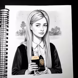 a drawing of a young woman with blonde hair and holding a glass of beer