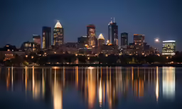 the city lights are reflected in the still water