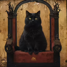 a large black cat sitting on top of a chair