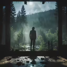 a man standing in front of a window in the forest