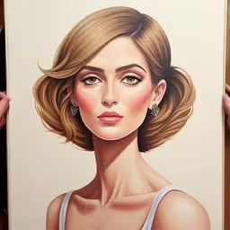 a woman with short hair is holding up a drawing,a drawing of a woman with blonde hair,there is a drawing of a woman wearing gold earrings,a drawing of a woman with blonde hair,a painting of a young woman is on the floor