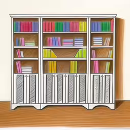 a drawing of a book case with books