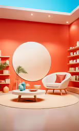 there is a living room with an orange wall and bookshelves