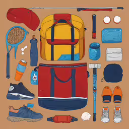 sports items are displayed on a tan background,this is a paper doll with different items and shoes