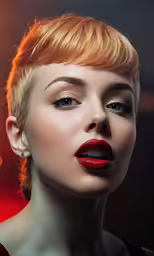 a beautiful woman with a red lipstick and make up on her face