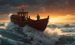a man stands on the edge of a sinking boat,a painting depicting a fishing boat in the ocean