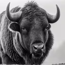 black and white photograph of a long horned bison