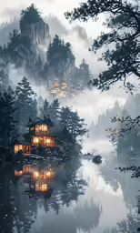a house is lit up in the fog next to a lake