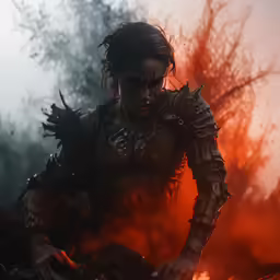 a man dressed in armor walking through a forest with fire