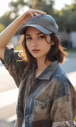 a woman in a hat, shirt and shorts is holding her hair