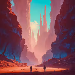 two people walk along a desert with mountains in the background,two people walking down a small valley with rock formations