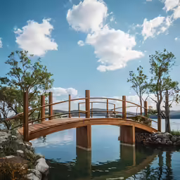 a small bridge over water with trees and shrubs