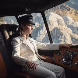 woman in hat sits inside a large vehicle