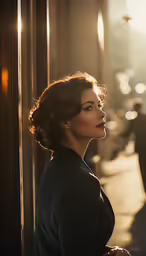 a woman looks off to the right, wearing a black suit with her hair in curls
