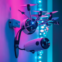 a camera mounted to the side of a wall with a pink light