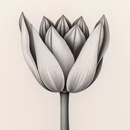 a drawing of a large white flower that has long petals,a drawing of a lotus flower that looks like it is in a sketchbook,an ink drawing of a flower in the middle of the image,a drawing of a flower with many petals,black and white drawing of a flower