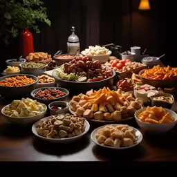 different kinds of food spread out on a table