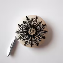 a black and white snowflaked design on a round coaster