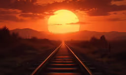 the sun rising over a field near train tracks