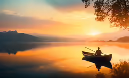 a person in a canoe is at sunset