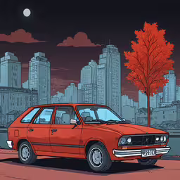 a red car with no doors in front of an urban landscape,a picture of an orange car parked in front of the city