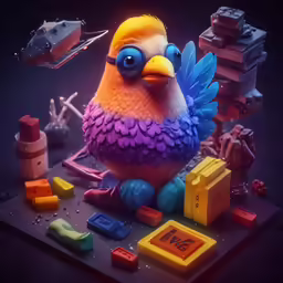 a bird perched on a tiny tablet with building blocks around it
