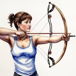 a drawing of a girl holding a bow and a bow arrow,an artistic painting of a woman with a bow and arrows