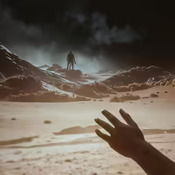 person with their hand up near something in the sky