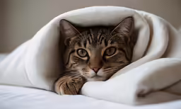 a brown and black cat laying on top of a bed under a white blanket