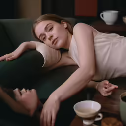 a woman lays on the back of a couch next to a man