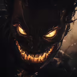 a creepy face with glowing eyes on a dark background